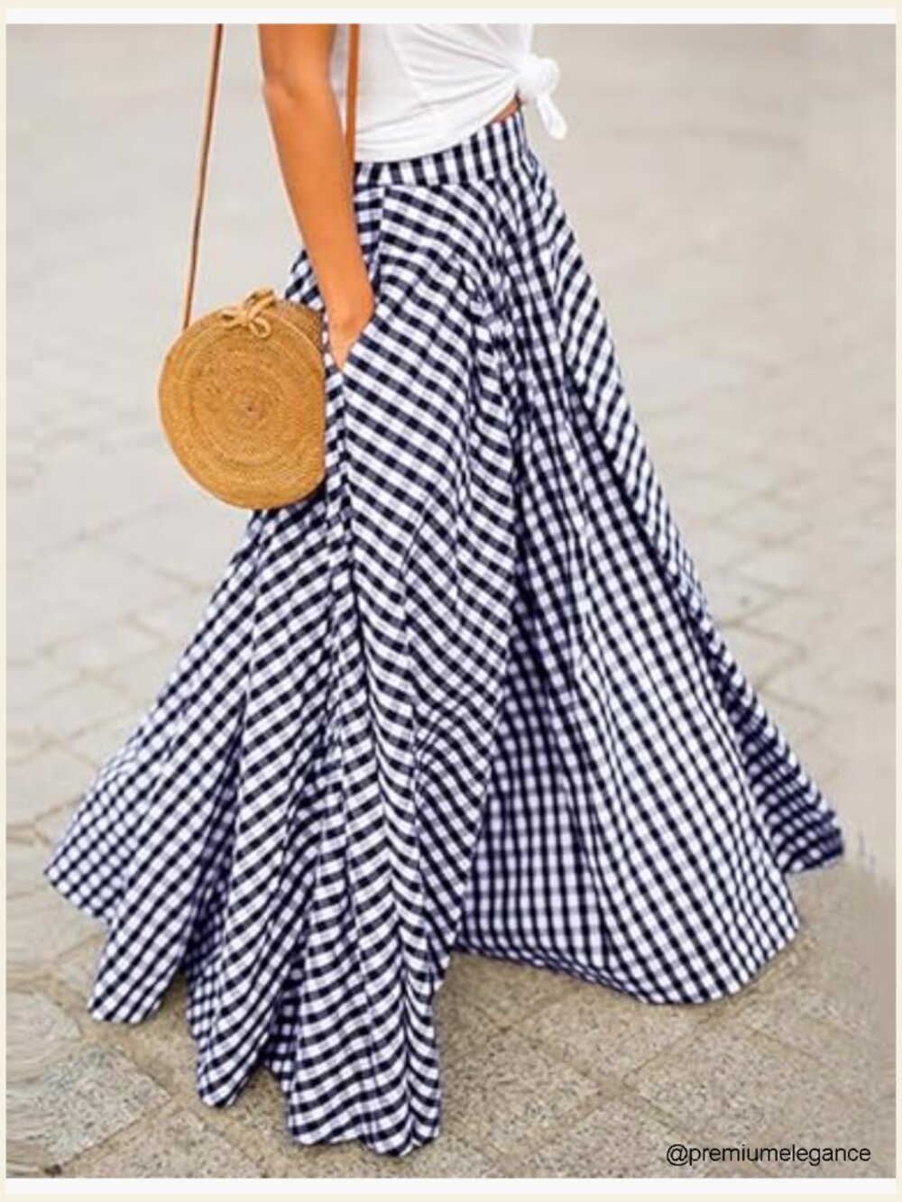 Gingham Maxi Skirt High Waist Pleated A-Line Flowy Checkered Skirt Summer - Picture 3 of 7
